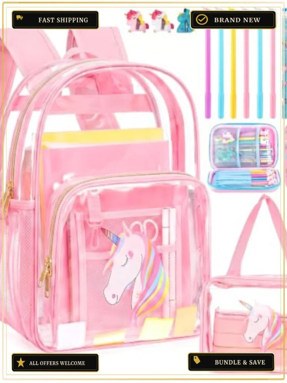 Clear Unicorn Backpack Set for Girls - PVC Stationery Kit with Lunch Bag Pencil